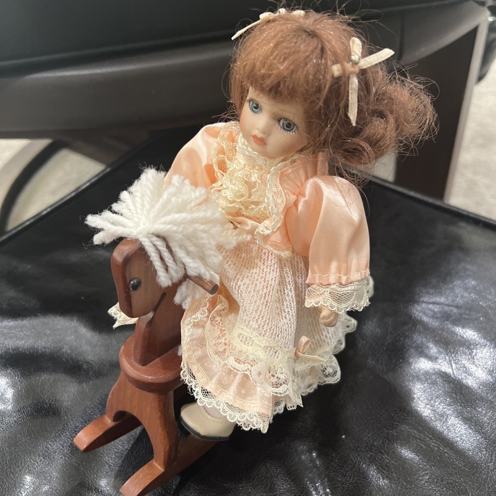 Rare Vintage Porcelain Doll On Rocking Horse Emily Crowne Collection